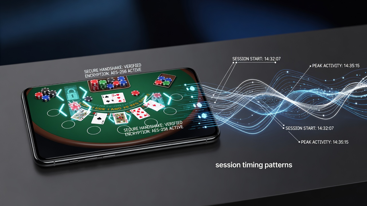 Smartphone displaying a secure table game interface with timing indicators and security shields overlaid on a poker table