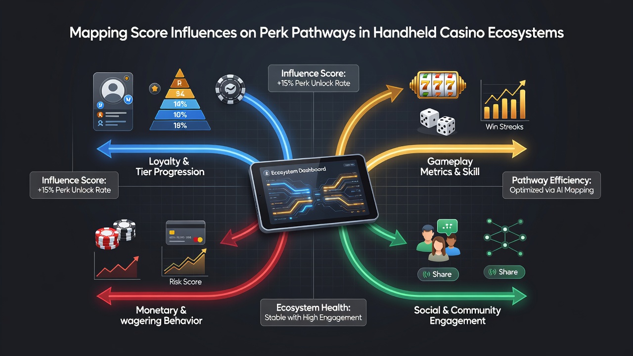 Diagram illustrating connections between player scores, mobile interfaces, and perk progression routes