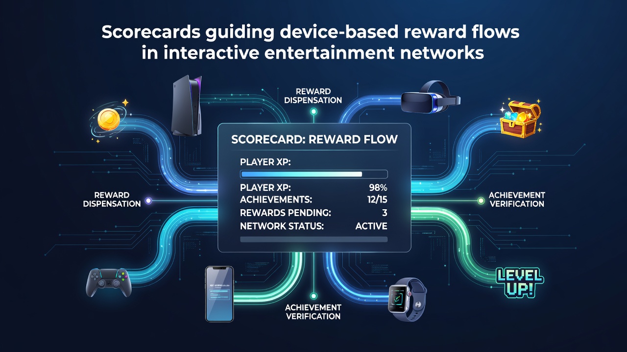 Illustration of digital scorecards tracking user interactions across mobile entertainment devices in a network environment