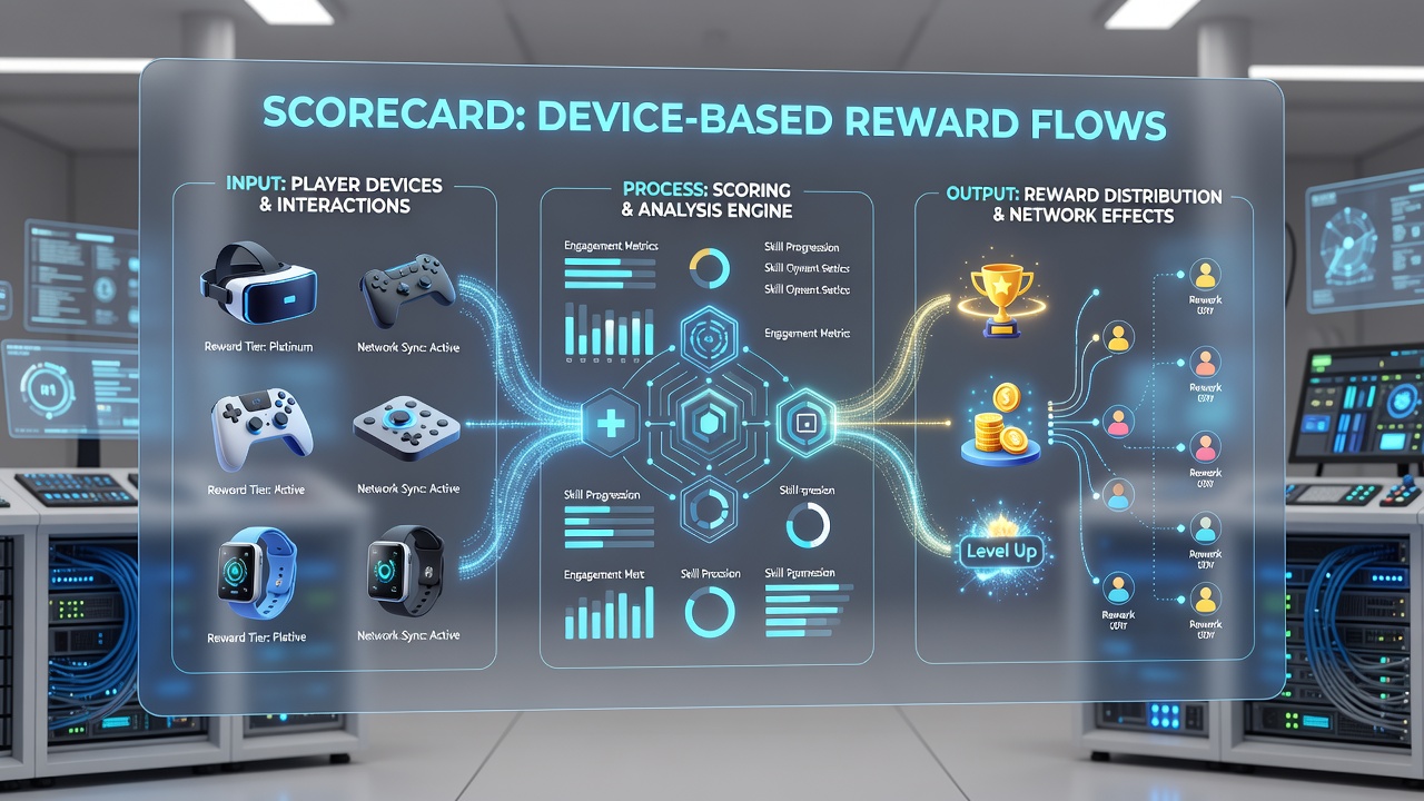 Diagram showing reward allocation pathways from centralized scorecards to various interactive entertainment devices