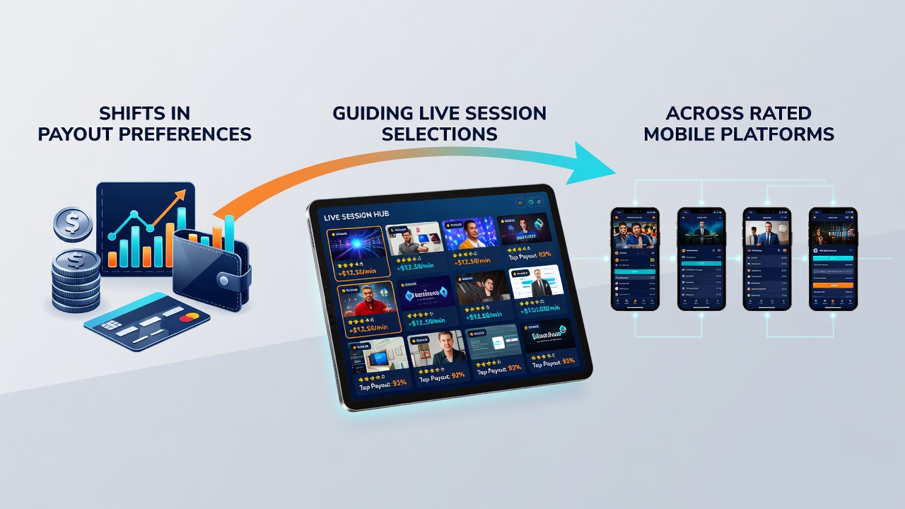 Analytics dashboard displaying payout preference filters and live session engagement metrics on mobile platforms